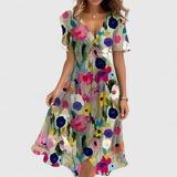 Women's Floral Midi Dress V-Neckline and Short Sleeves