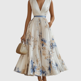 Women's Floral Plissé Midi Dress - V-Neck and Pleated Detail