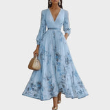 Women's Floral Plissé Midi Dress - V-Neck and Pleated Detail