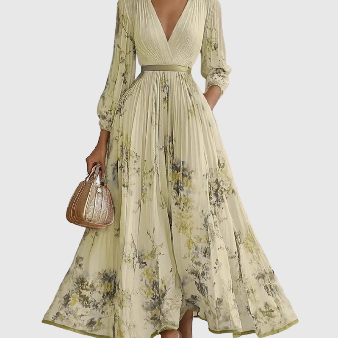 Women's Floral Plissé Midi Dress - V-Neck and Pleated Detail