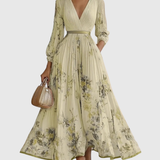 Women's Floral Plissé Midi Dress - V-Neck and Pleated Detail