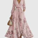 Women's Floral Plissé Midi Dress - V-Neck and Pleated Detail