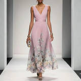 Women's Floral Print V-Neck Maxi Dress - Textured Ruched Bodice