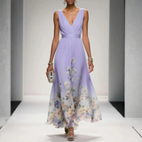 Women's Floral Print V-Neck Maxi Dress - Textured Ruched Bodice