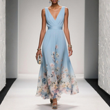 Women's Floral Print V-Neck Maxi Dress - Textured Ruched Bodice
