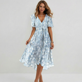 Women Floral Print Wrap Midi Dress Short Sleeve A-Line