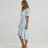 Women Floral Print Wrap Midi Dress Short Sleeve A-Line
