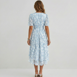 Women Floral Print Wrap Midi Dress Short Sleeve A-Line