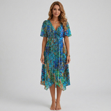 Women Floral Print Wrap Midi Dress Short Sleeve A-Line