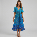 Women Floral Print Wrap Midi Dress Short Sleeve A-Line