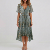 Women Floral Print Wrap Midi Dress Short Sleeve A-Line