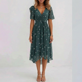 Women Floral Print Wrap Midi Dress Short Sleeve A-Line