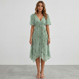 Women Floral Print Wrap Midi Dress Short Sleeve A-Line