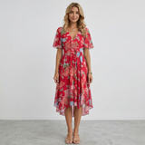 Women Floral Print Wrap Midi Dress Short Sleeve A-Line