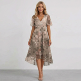 Women Floral Print Wrap Midi Dress Short Sleeve A-Line