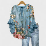 Women's Flowy Ruffle Blouse Floral Print Flare Sleeve Top