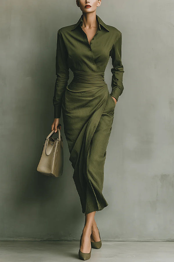 Women's Green Linen Midi Shirt Dress