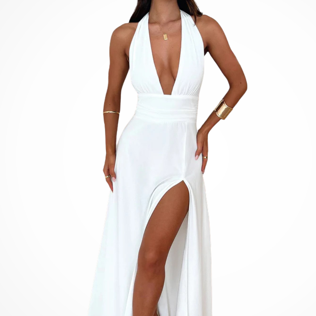 Women's Halter Neck Wedding Guest Maxi Dress - High Thigh Split Detail