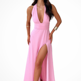 Women's Halter Neck Wedding Guest Maxi Dress - High Thigh Split Detail