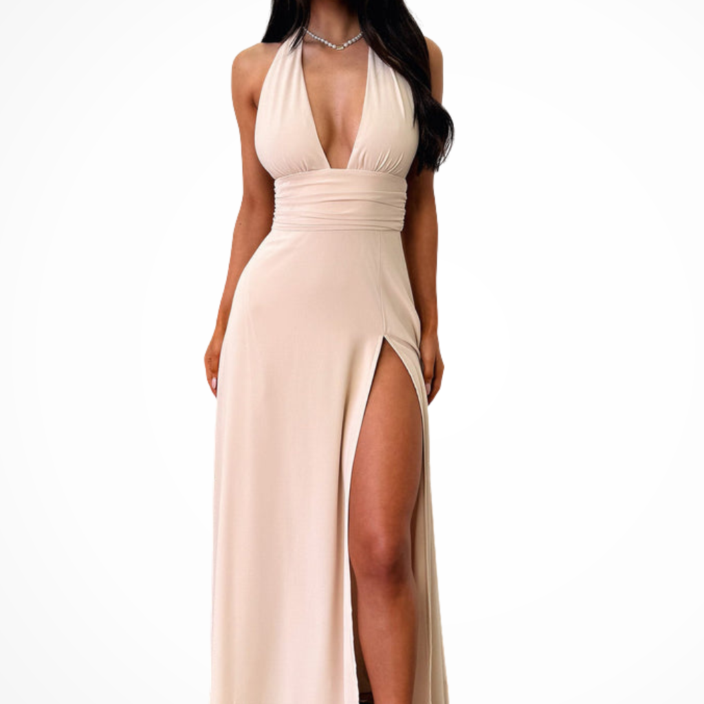 Women's Halter Neck Wedding Guest Maxi Dress - High Thigh Split Detail