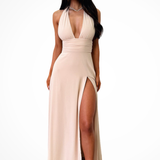 Women's Halter Neck Wedding Guest Maxi Dress - High Thigh Split Detail