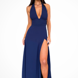 Women's Halter Neck Wedding Guest Maxi Dress - High Thigh Split Detail