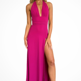 Women's Halter Neck Wedding Guest Maxi Dress - High Thigh Split Detail