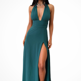 Women's Halter Neck Wedding Guest Maxi Dress - High Thigh Split Detail