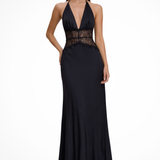 Women's Halter Neck Wedding Guest Maxi Dress - Sheer Lace Waist Detail