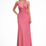 Women's Halter Neck Wedding Guest Maxi Dress - Sheer Lace Waist Detail
