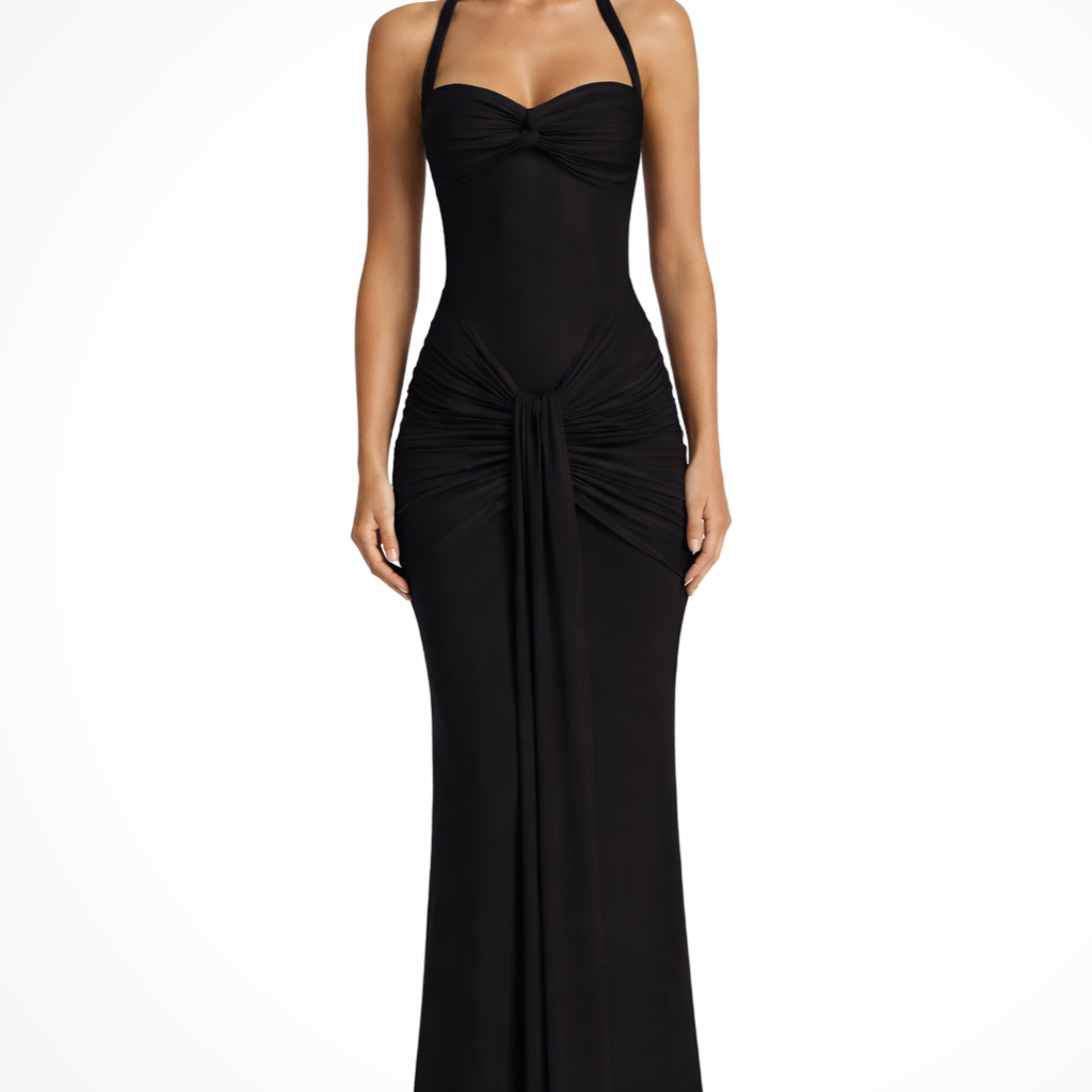 Women's Halter Neck Wedding Guest Maxi Dress - Twist Front Bodice and Gathered Hip Detail