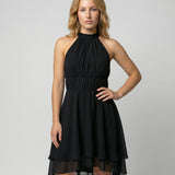 Women's Halter Neck Mini Dress - Pleated Bodice and Layered Hem