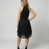 Women's Halter Neck Mini Dress - Pleated Bodice and Layered Hem