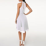 Women's Halter Neck Mini Dress - Pleated Bodice and Layered Hem