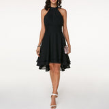 Women's Halter Neck Mini Dress - Pleated Bodice and Layered Hem