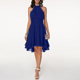 Women's Halter Neck Mini Dress - Pleated Bodice and Layered Hem