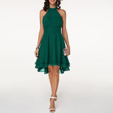 Women's Halter Neck Mini Dress - Pleated Bodice and Layered Hem