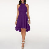 Women's Halter Neck Mini Dress - Pleated Bodice and Layered Hem