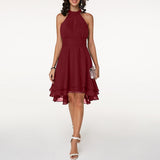 Women's Halter Neck Mini Dress - Pleated Bodice and Layered Hem