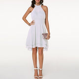 Women's Halter Neck Mini Dress - Pleated Bodice and Layered Hem