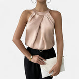 Women's Halter Neck Sleeveless Beige Top - Pleated Wrap Front