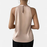 Women's Halter Neck Sleeveless Beige Top - Pleated Wrap Front