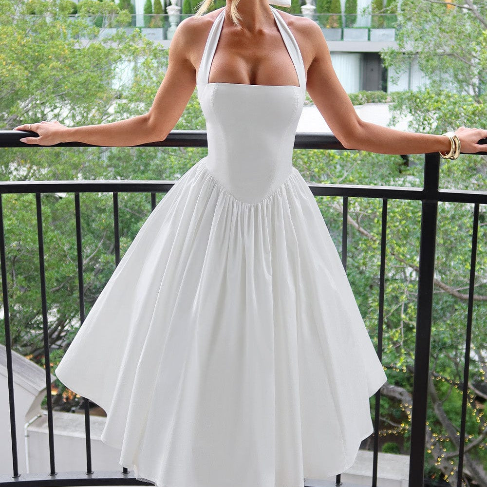 Women's Halter Pleated Midi Dress - Smocked Bodice
