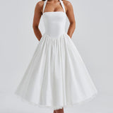 Women's Halter Pleated Midi Dress - Smocked Bodice