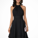 Women's High Neck Mini Skater Dress - Ruched Bodice and Layered Skirt Detail