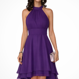 Women's High Neck Mini Skater Dress - Ruched Bodice and Layered Skirt Detail
