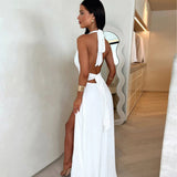 Women's High Slit Halter Neck Maxi Dress - Wedding Guest Dress with Sculpted Waist