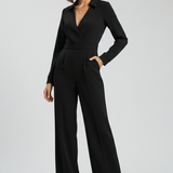 Women's Jumpsuit - Collared V-Neckline and Long Sleeve Wide Leg Detail