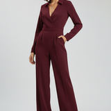 Women's Jumpsuit - Collared V-Neckline and Long Sleeve Wide Leg Detail