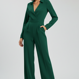 Women's Jumpsuit - Collared V-Neckline and Long Sleeve Wide Leg Detail